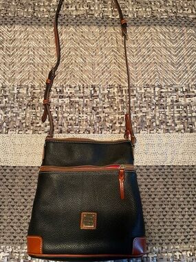 Dooney & Bourke Black Pebbled Leather Crossbody with Red Interior and Tan Trim